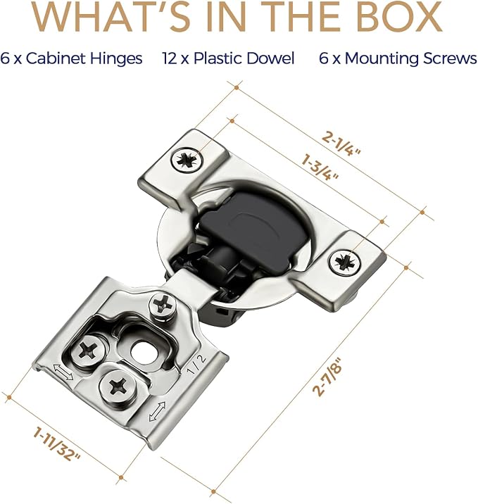 Ravinte 6 Pack 3 Pairs 1/2 inch Overlay Soft Close Hinges for Kitchen Cabinet Hinges Satin Nickel Hidden Hinges Stainless Steel Concealed Hinge self Closing