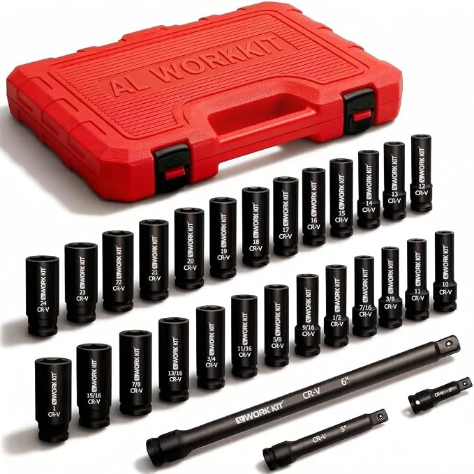 1/2" Drive Impact Socket Set 29-Piece, Cr-V-M Steel Deep Socket SAE(3/8" - 1") & Metric(10-24mm) Sizes, with Extension Bar Come with Storage Case