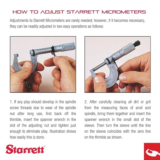 Starrett Outside Micrometer with One-Piece Spindle, Satin Chrome Finish and Advanced Sleeve Design - Quick and Easy Adjustment, 1-2" Range, .001" Graduation - 436.1XRL-2