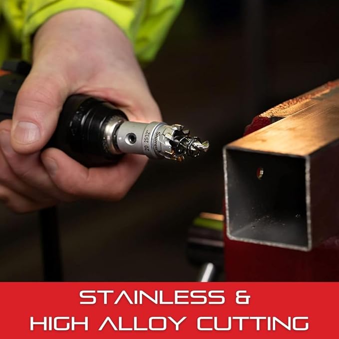 Starrett Tungsten Carbide Tipped Stainless Steel Sheet Metal Hole Saw - Ideal for Stainless, High Alloy Steel, Non-Ferrous Metals, Reinforced Fabrics - 1-11/32'' Diameter - SM34