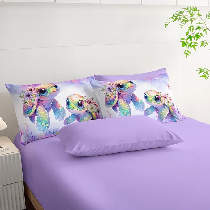 Sea Turtle Bedding King Comforter Set 7 Piece,Coastal Beach Themed Bed Set for Kids Girls Room Decor,Cute Bedding with 1 Comforter,1 Flat Sheet,1 Fitted Sheet,4 Pillowcases.