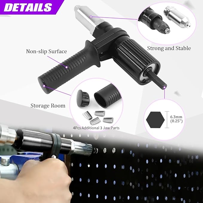 Swpeet 211Pcs Black Alloy Steel Electric Rivet Gun Adapter Kit, Including 2.4/3.2/4.0/4.8mm Diameter Rivet Head and Handle Wrench with 500Pcs Aluminum Blind Rivet Kit