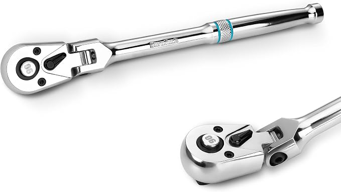 DURATECH 3/8-Inch Flex-Head Ratchet, 90-Tooth Quick-Release Ratchet Wrench | Socket Wrench with 180° Pivoting Head and 7-Position Setting, Reversible, CR-V Made, CR-MO Head, 4° Swing, Full Polished