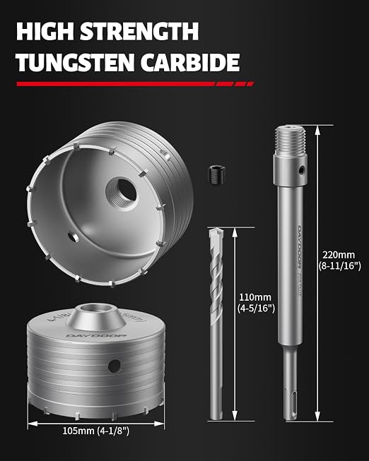 DAYDOOR 4-1/8" (105mm) Concrete Hole Saw with SDS Plus Shank Adapter, Tungsten Carbide Tipped Masonry Hole Saw, Heavy Duty Concrete Core Drill Bit for Brick, Cement Wall, and Stone