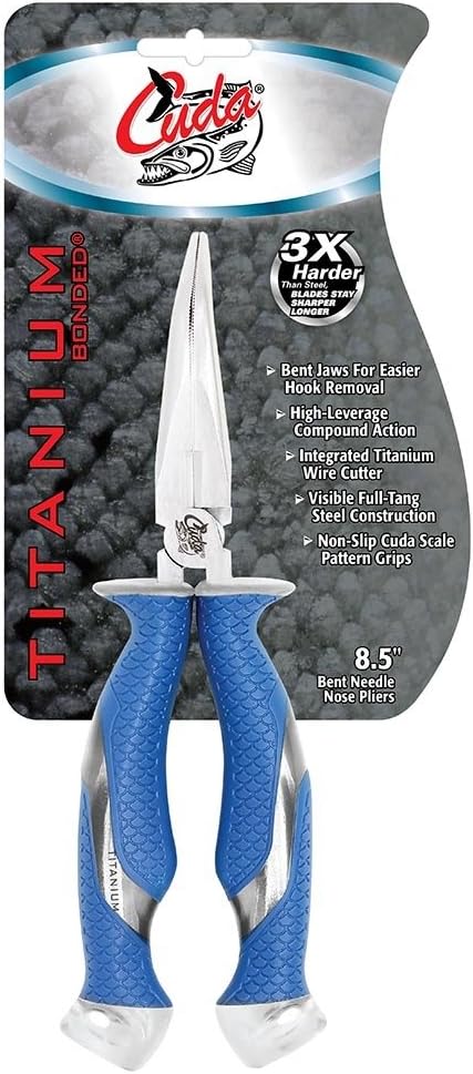 CUDA 8.5" Bent Needle Nose Pliers | Durable Steel Titanium Bonded Fishing Wire, Mono & Fluorocarbon Cutter with Non-slip Cuda Grips | For Saltwater & Freshwater Use