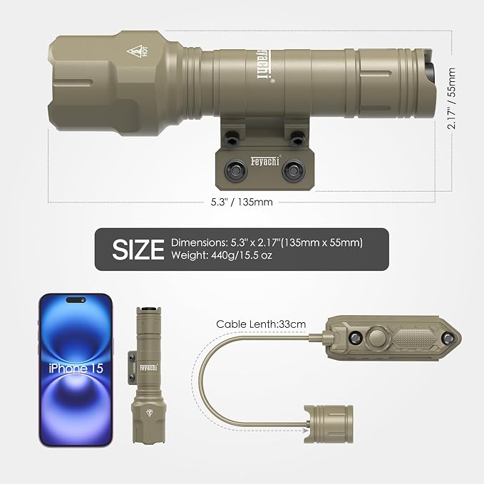 Feyachi Rifle Light 1200LM 22500Candela WL25 Tactical AR Flashlight LED Outdoor Light with Pressure Switch & Picatinny/Mlock Rail Mount, 3 Modes - High/Low/Strobe (Mlok-Khaki)