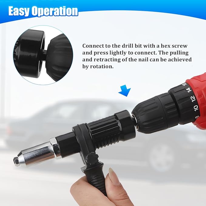 Car Pop Rivet Gun Adapter, Vehicle Cordless Riveter Drill Adapter Kit with 4 Rivet Heads 2.4 3.2 4.0 4.8mm, Auto Electric Rivet Nut Gun Riveting Tool, Universal for SUV Sedan Truck