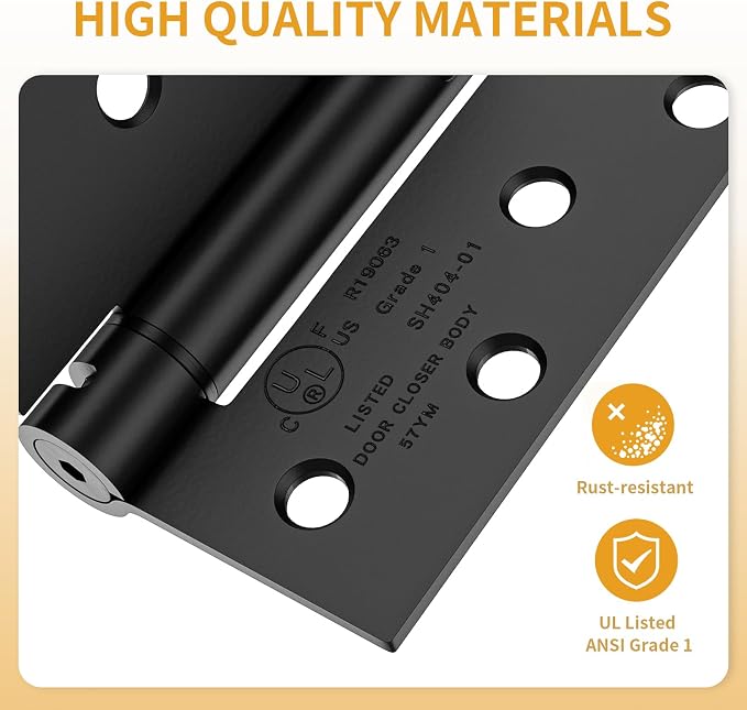 Luxbaro 2 Pack Self Closing Door Hinges 4 Inch, Matte Black Spring Loaded Hinges with Square & 5/8'' Radius Corners, Adjustable Tension for Garage, Front Door, for Left and Right Hand Door, UL Listed