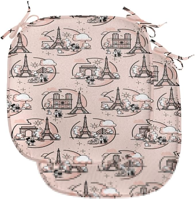 Lunarable Notre Dame Chair Seating Cushion Set of 2, Doodle Drawings of The Eiffel Tower Paris and a Couple, Anti-Slip Seat Padding for Kitchen & Patio, 16"x16", Blush Charcoal Grey