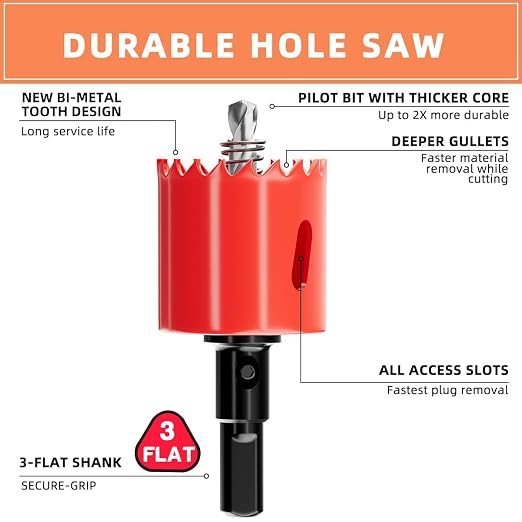 1-1/2 in. Bi-Metal Hole Saw Drill Bits - Versatile and Durable Hole Cutter for Wood, Plywood, Plaster Drywall, Ceiling, Plastic Pipe, PVC and Thin Metal - Includes Arbor & Pilot Bit (38mm)