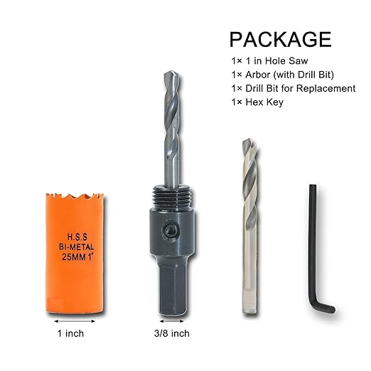1 inch Hole Saw with Arbor for Cutting Metal Wood and Plastic, 25mm Bi-Metal Hole Cutter for Different Project with Smooth and Flat Drilling Edge, Fast Chip Removal, Handy Hole Saw Kit Set