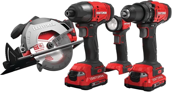 CRAFTSMAN V20 MAX Cordless Power Tool Kit, Circular Saw with 6 1/2 inch Blade, 1/4 inch Impact Driver, 1/2 inch Drill/Driver, LED Task Light, Battery and Charger Included (CMCK401D2AM)