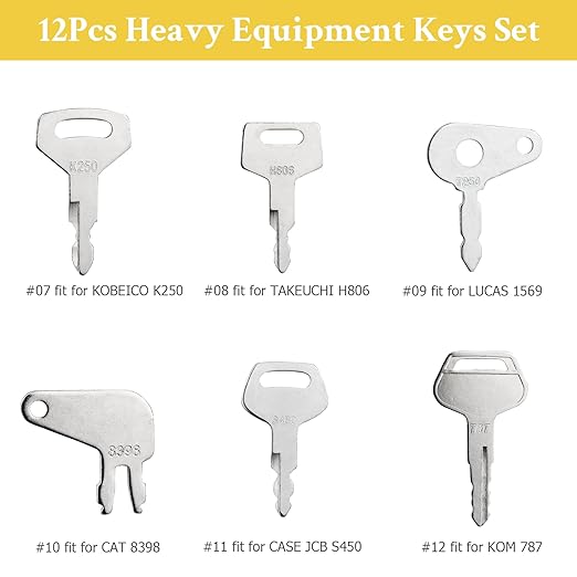 12 Heavy Equipment Keys, Machine Key Master Set for Cat Caterpillar John Deere Komatsu Bobcat Hyster Takeuchi Case Kobelco Lucas New Holland Construction Equipment