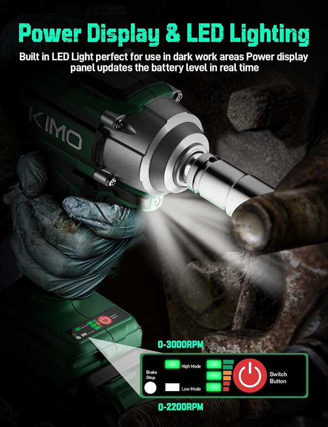 KIMO Impact Wrench 1/2 Cordless, Impact Gun for Car Tire, 20V Impact Driver