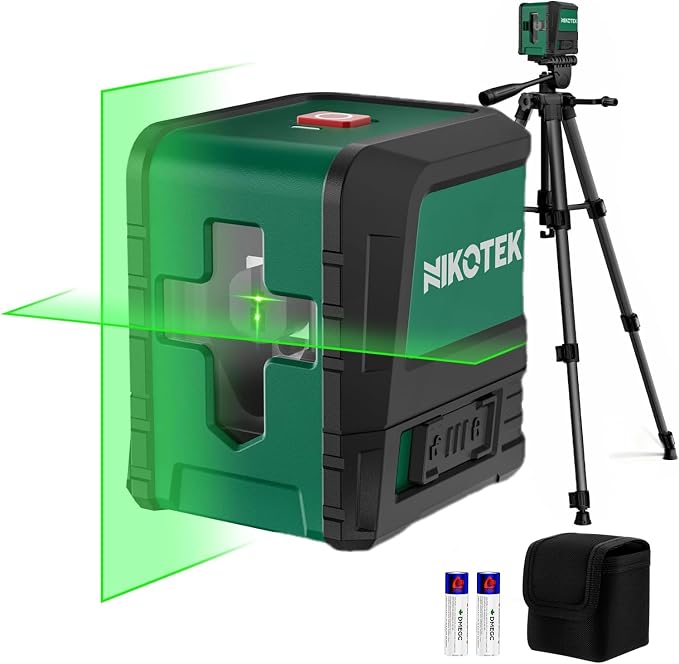 Nikotek Laser Level Self-Leveling Green Beam Horizontal and Vertical Crossline Laser for Home Decor Carrying Pouch, Tripod Battery Included (NK02GT2)