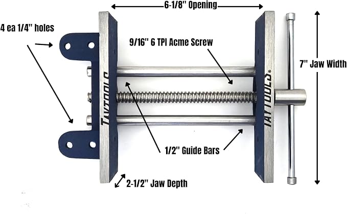 7" Light-Duty Woodworking Vise – Cast Iron Bench Vise with Trapezoidal Thread Screw & Dual Guide Bars – 6-1/8" Jaw Opening – Under-Bench Mount for Carpentry, Woodshop, and DIY Projects
