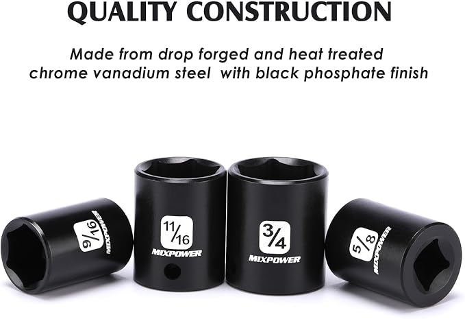 MIXPOWER 12 Pieces 3/8-Inch Drive Shallow Impact Socket Set, 5/16 to 1 inch, CR-V, SAE, 6 Point, Shallow, 12 Pieces 3/8" Dr. Socket