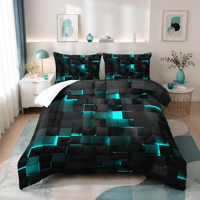 Geometric Turquoise Black Comforter Set,Light Honeycomb 3 Piece Bedding Set Queen Size for Teen Boys,Modern Quilt Set Geometry Decor,Microfiber Lightweight 1 Comforter 2 Pillowcases All Season