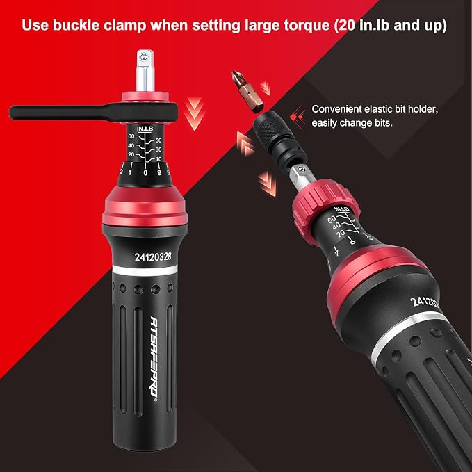 ATsafepro Torque Screwdriver 10-60 in.lb,21 Pcs Inch Pound Torque Screwdriver Set -1/4" Elastic Bit Holder and Bit Holder, Buckle Clamp, Flat, Hex, Torx, Philips, Fit for Bicycle, Tool Maintenance
