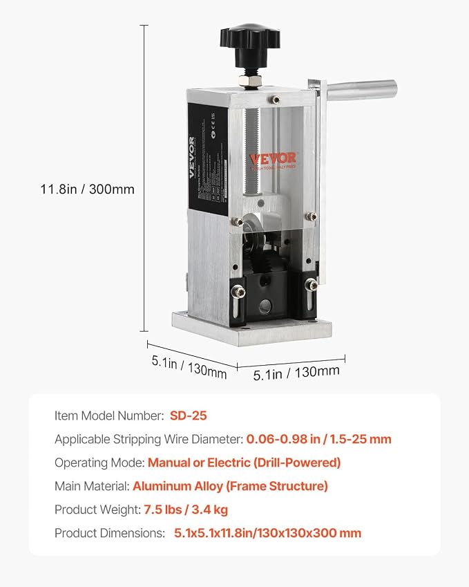 VEVOR Manual Wire Stripping Machine, 0.06''-1.18'' Copper Stripper with Hand Crank or Drill Powered, Visible Stripping Depth Reference, Portable Aluminum Frame Wire Peeler for Scrap Copper Recycling