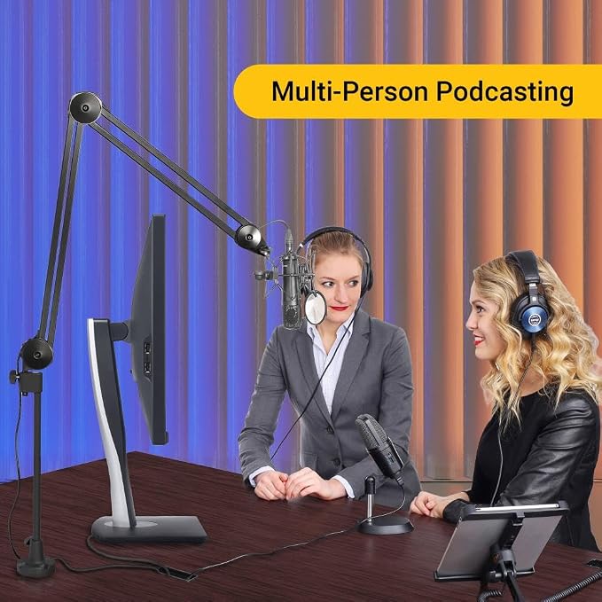 Two-Section Broadcast Microphone Boom Arm with Internal Springs Integrated XLR Cable, 40" Reach Desk Clamp, 360° Rotation, C-Clamp Mount and 14" Riser for Podcast Streaming Recording