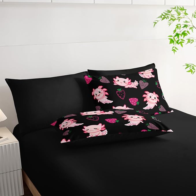 Cute Axolotl Comforter Set,Bed in a Bag Queen Size 7 Pieces,Marine Life Themed Bed Set for Kids Girls Toddler,7Pcs Bedding Set with Comforter,Fitted Sheet,Flat Sheet,Pillowcases.