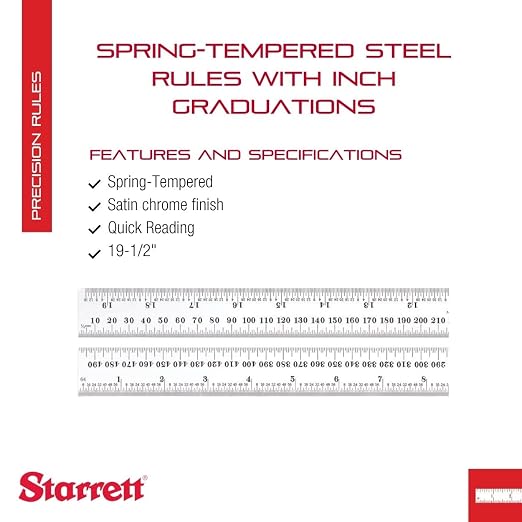 Starrett Spring Tempered Steel Rule with Satin Chrome Finish, Quick Reading, Millimeter and Inch Graduation - 19-1/2" Length, 36 Graduation Type, 1.2mm Thickness - C636-500