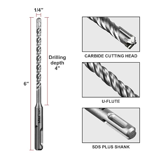 SALI 10PCS 1/4"*6" SDS Plus Rotary Hammer Drill Bit Concrete Drill Bit Kit Cross-Type Double Thread Carbide Material Suitable for Brick, Cement Walls, Stone, Hammer Drill Bits