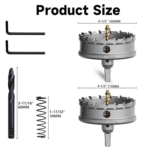 Metal Hole Saw 4-1/2''(115mm) 2Pcs Set Heavy Duty Tungsten Carbide Tipped Hole Cutters Set with a nitrided Step Drill and L-flench, for Steel Iron,Aluminum,Stainless stell