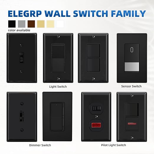 ELEGRP 3 Way Glossy Toggle Light Switch with Matte Mid Screwless Matte Plate, 15A 120V, Quiet Switch, In Wall On/Off, Self-Grounding, Residential Grade, UL (5 Pack, Black)