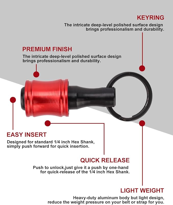 katerk 6pcs Red&Black Bit Holder with Carabiner Socket for Mens Gift, 1/4 inch Hex Shank Aluminum Alloy Screwdriver Bit Holders, Quick Release Easy Change Impact Driver Drill Bit Keychain Extension