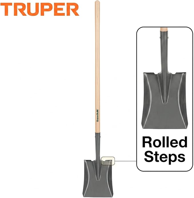 Truper Tru Built Square-Point Shovel, 45-Inch Wood Handle with 9-Inch Cushion Grip, Rolled Step Steel Blade, Heavy-Duty Scooping and Transfer Shovel (Model PCL-PE / 31174)