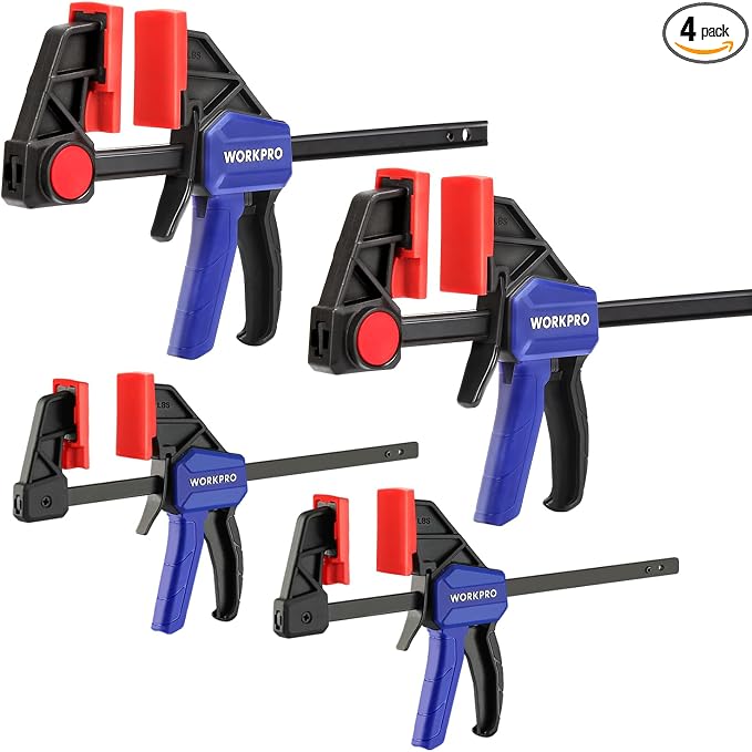 WORKPRO Mini Bar Clamps for Woodworking, 6"(2) and 4-1/2"(2), 4-Piece One-Handed Clamp/Spreader, Light-Duty Quick-Change F Clamp with 150lbs Load Limit Blue