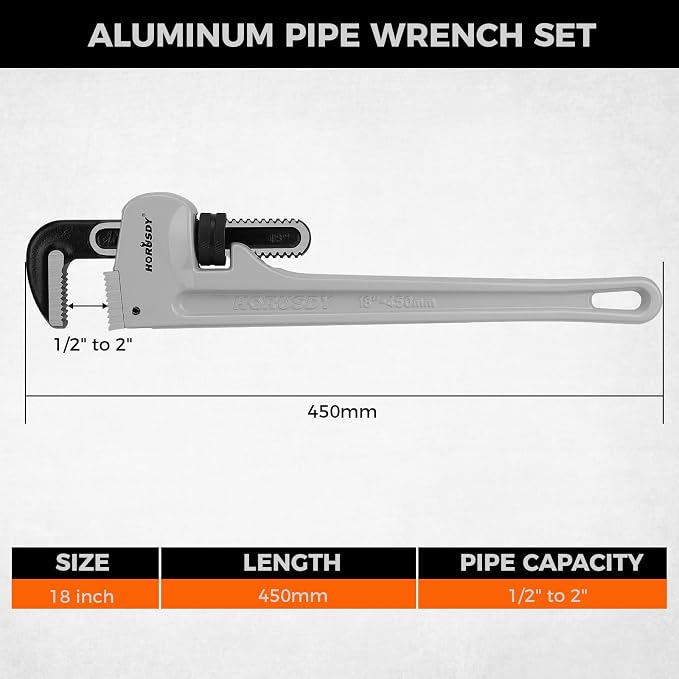 HORUSDY 18-Inch Pipe Wrench, Aluminum Heavy-Duty Adjustable Plumbing Wrench, 450mm, 1/2"–2" Pipe Capacity, Strong Grip & Durable, Lightweight Gray for Professionals & DIY