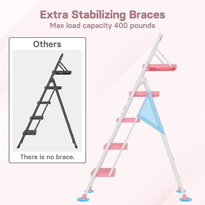 BONTEC 4-Step Ladder, 400lbs Max Load, Folding Step Stool with Tool Tray, Anti-Slip Pedals, Sturdy Steel, Lightweight Portable Ladder with Handrail for Home & Work Use, Pink