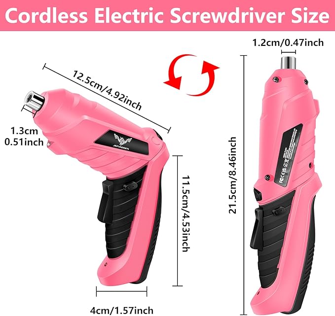 JENABOM 47 in 1 Electric Screwdriver Cordless Rechargeable Small Power Drill Set 3.6V Li-ion 3Nm Max Torque Electric Rotatable with LED Light Screwdriver, Pink