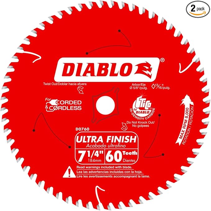 Diablo Ultra Finish Carbide Saw Blade - 7-1/4" Dia., 60 ATB Teeth, 2-Pack | Ideal for Wood - TiCo Hi-Density, Perma-SHIELD Non-stick Coating, Tri-metal Shock Resistant - D0760A