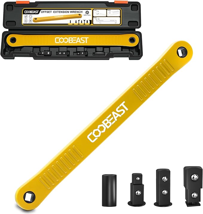 coobeast Offset Extension Wrench Impact Ready Socket Wrench Extender Tool with Versatile 1/4", 3/8", and 1/2" Square Drive Adapters, Universal Extensions Wrench for Small Place, Yellow