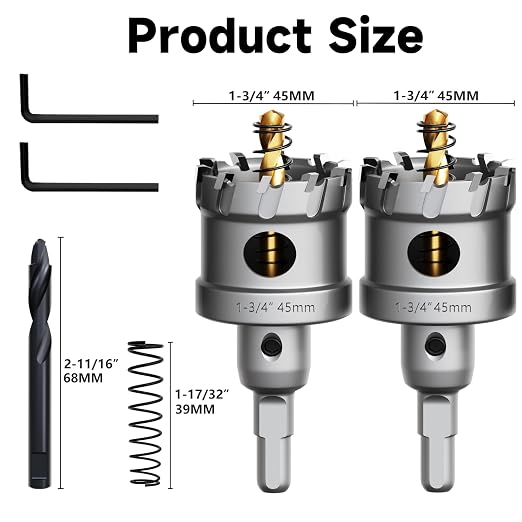 Metal Hole Saw 1-3/4''(45mm) 2Pcs Set Heavy Duty Tungsten Carbide Tipped Hole Cutters Set with a nitrided Step Drill and L-flench, for Steel Iron,Aluminum,Stainless stell