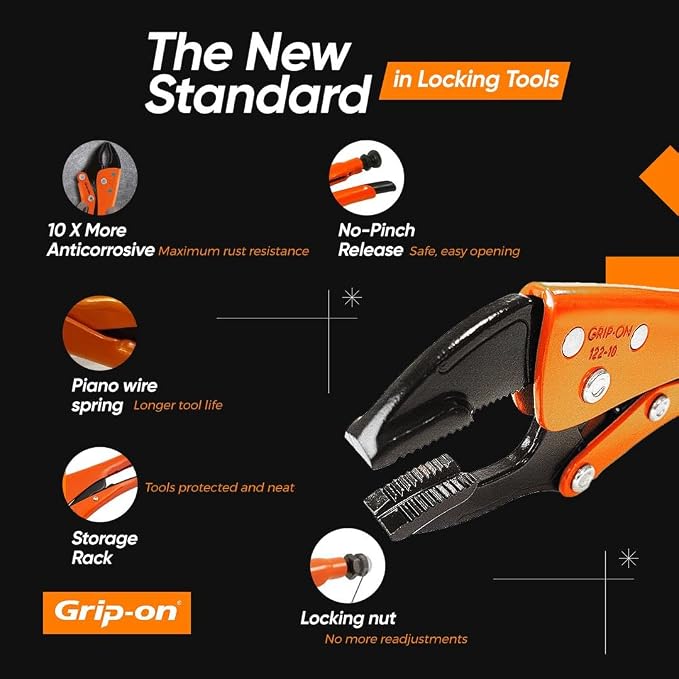 Grip-On 10 Piece Essential Locking Pliers and Clamp Set | Straight & Curved Jaws, Long Nose, Wire Cutter & C-Clamps | Premium Welding Pliers & Sheet Metal Tools with Storage Rack