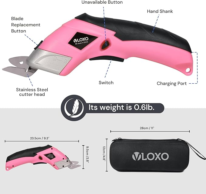 VLOXO Cordless Electric Scissors Cardboard Cutter with 2 Type Blades Rechargeable Powerful Shears Cutting Tool for Fabric Electric Box Cutter Leather Felt with Charger & Storage Box-Pink