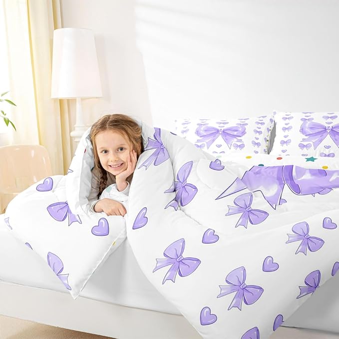 Feelyou Cute Purple Bow Comforter Set All Season Love Hearts Bowknot Bedding Set with 2 Pillow Cases Princess Bow Microfiber Kids Full Bedclothes Bedroom Decor Duvet Quilt Breathable Soft Lightweight