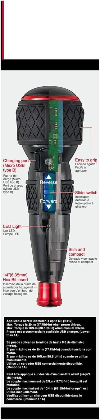(USA Official) VESSEL e-ASSIST Screwdriver | Higher-Torque Model made in Japan No.220USB1U