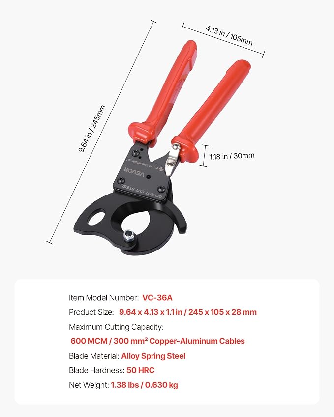 VEVOR Ratcheting Cable Cutter, Spring Steel Blades with PVC-Coated Handles, Quick-Release Button, Heavy Duty Ratchet Cable Wire Cutter for Cutting Copper & Aluminum Cables Up to 600 MCM / 300 mm²