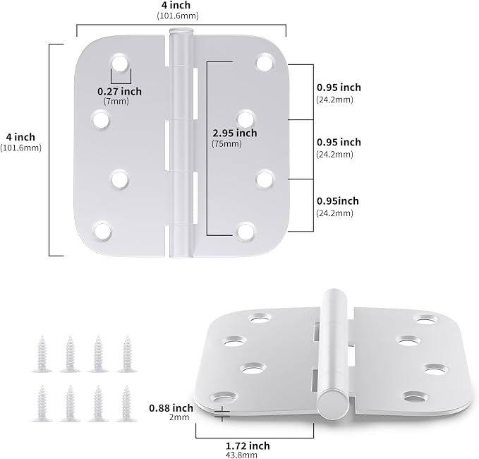 goldenwarm Pack of 3 Door Hinge White Heavy Duty Iron Door Hinges, 4 Inch x 4 Inch Interior and Exterior White Door Hinges with 5/8" Radius Corners
