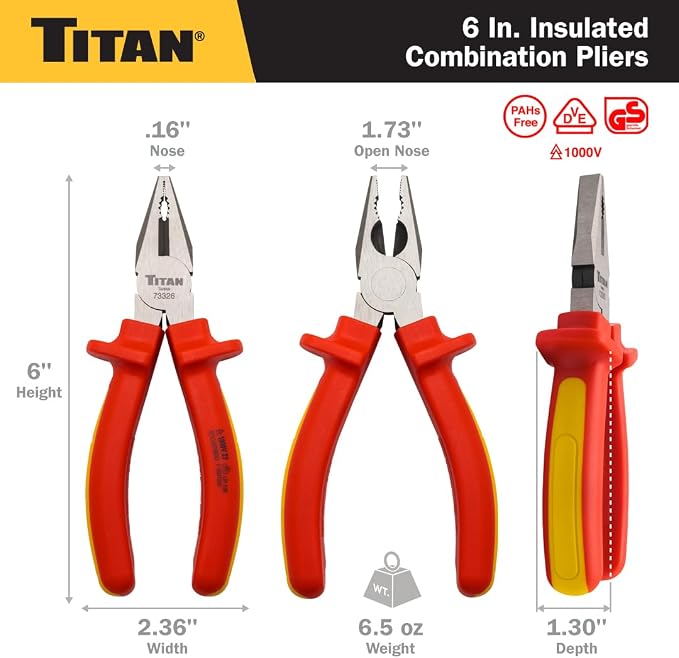 Titan 73326 6-Inch VDE Insulated Combination Pliers