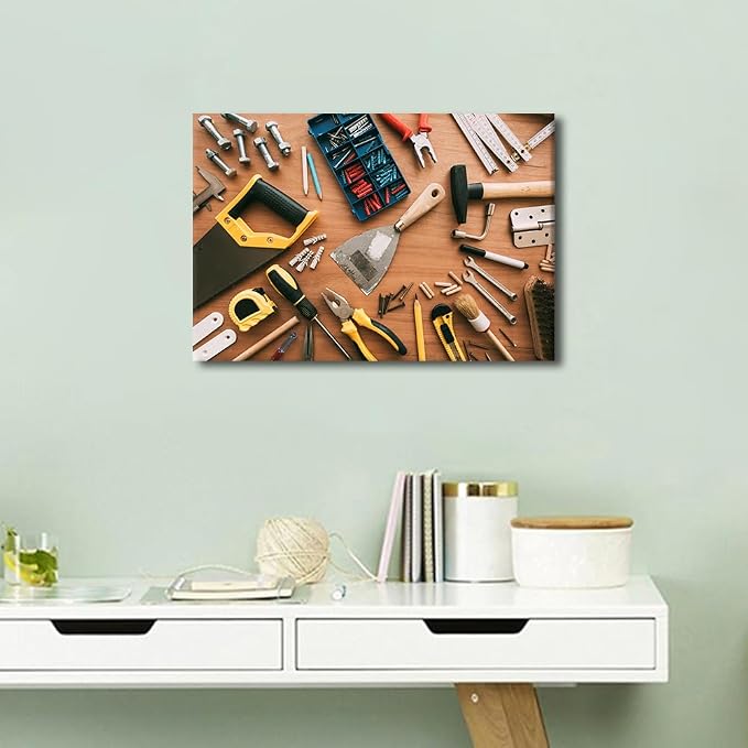 Construction Instruments Background Picture 1 Panels Canvas Wall Art Living Room Assorted Woodwork Carpentry or Construction Tools Poster Framed Artwork for Farmhouse Bedroom Wall Decor (12" Wx18 H)