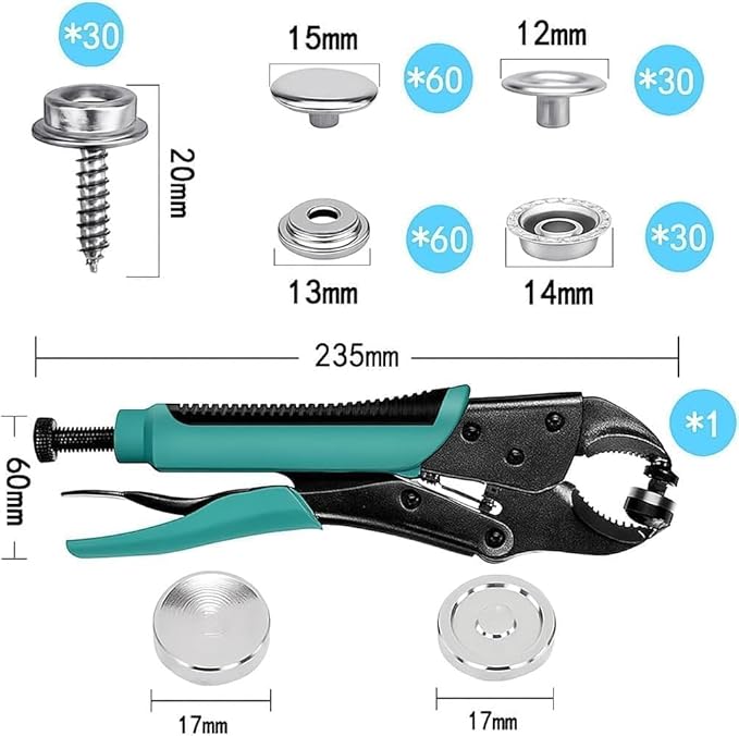 Heavy Duty Snap Fastener Kit – 210PCS Marine Grade Stainless Steel Snap Tool Set for Canvas, Boat Covers, Awnings, Fabric, Tents – Rustproof, Easy Installation, All-in-One Fastener Repair Kit-Blue
