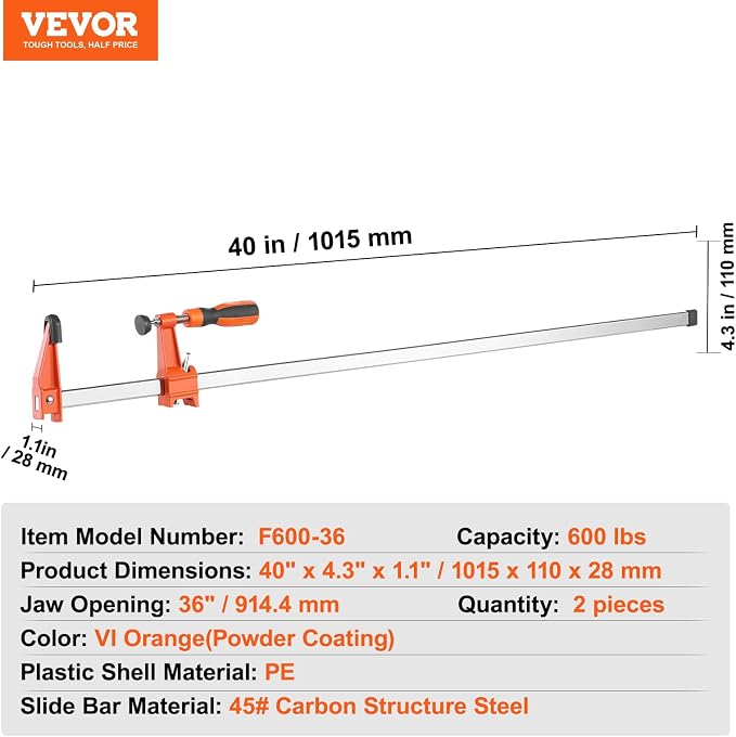 VEVOR Bar Clamps for Woodworking, 2-Pack 36" Clamp, Quick-Change F Clamp with 600 lbs Load Limit, 2.5" Throat Depth, Cast Iron and Carbon Steel, Wood Clamps for Woodworking Metal Working