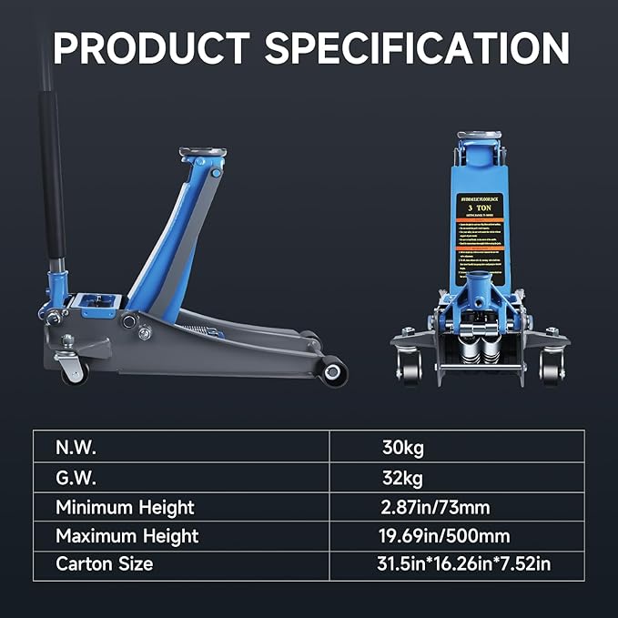 LARBANKE 3 Ton Low Profile Floor Jack,Hydraulic Carbon Steel Car Jack with Dual Pistons Quick Lift Pump,Easily Slide into Cars&Provide Stable Support,Lifting Range2.87-19.69",for Verious Cars